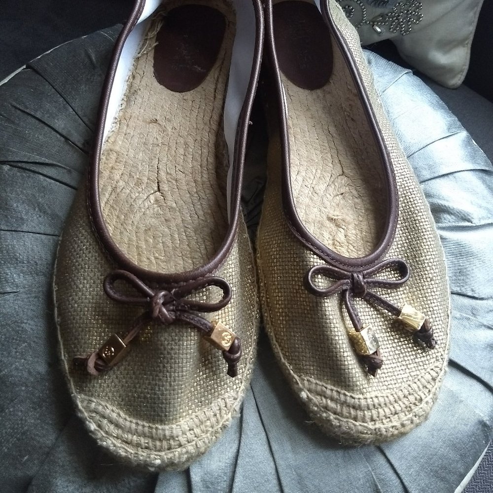 Michael Kor Flat Metallic Gold Espadrilles,  Rope Tips, Leather Tassel's Size 10